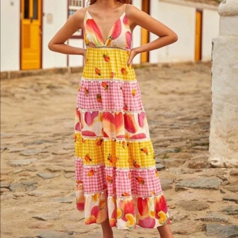 Farm Rio NWOT Mixed Picnic Cashew Maxi Dress